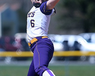 MICHAEL G TAYLOR | THE VINDICATOR- 04-08-17 -  Joanne Kernan Memorial (Irish Strikeout Cancer Softball Tournament) at Candlelite Knolls in Bazetta, OH., Champion Flashes vs West Branch Warriors. 1st inning, Champion's #6 Allison Smith fires a pitch homeward.