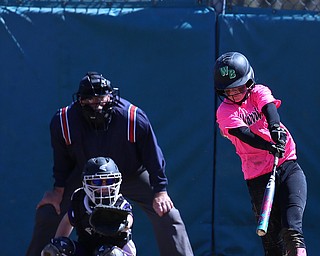 MICHAEL G TAYLOR | THE VINDICATOR- 04-08-17 -  Joanne Kernan Memorial (Irish Strikeout Cancer Softball Tournament) at Candlelite Knolls in Bazetta, OH., Champion Flashes vs West Branch Warriors. 5th inning, West Branch's #7 Gracie Heath flies to deep center.