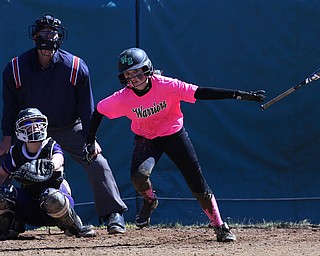 MICHAEL G TAYLOR | THE VINDICATOR- 04-08-17 -  Joanne Kernan Memorial (Irish Strikeout Cancer Softball Tournament) at Candlelite Knolls in Bazetta, OH., Champion Flashes vs West Branch Warriors. 5th inning, West Branch's #7 Gracie Heath flies to deep center.