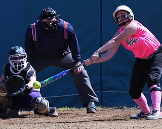MICHAEL G TAYLOR | THE VINDICATOR- 04-08-17 -  Joanne Kernan Memorial (Irish Strikeout Cancer Softball Tournament) at Candlelite Knolls in Bazetta, OH., Champion Flashes vs West Branch Warriors. 5th inning, West Branch's #10 Kelsey Byers swings and fouls the ball.