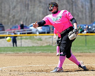 MICHAEL G TAYLOR | THE VINDICATOR- 04-08-17 -  Joanne Kernan Memorial (Irish Strikeout Cancer Softball Tournament) at Candlelite Knolls in Bazetta, OH., Champion Flashes vs West Branch Warriors. 1st inning, West Branch's #10 Kelsey Byers fires a pitch homeward.