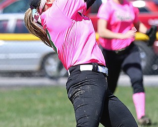 MICHAEL G TAYLOR | THE VINDICATOR- 04-08-17 -  Joanne Kernan Memorial (Irish Strikeout Cancer Softball Tournament) at Candlelite Knolls in Bazetta, OH., Champion Flashes vs West Branch Warriors. 2nd inning, West Branch's 2b #8 Maddie Pidgeon  makes diving catch for the 2nd out.