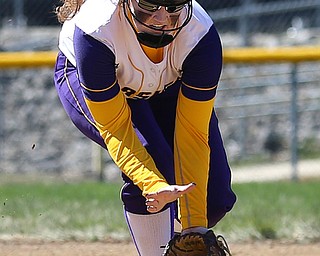 MICHAEL G TAYLOR | THE VINDICATOR- 04-08-17 -  Joanne Kernan Memorial (Irish Strikeout Cancer Softball Tournament) at Candlelite Knolls in Bazetta, OH., Champion Flashes vs West Branch Warriors. 2nd inning, Champion's #25 Abby White fields and throws to 1st to get the 3rd out.