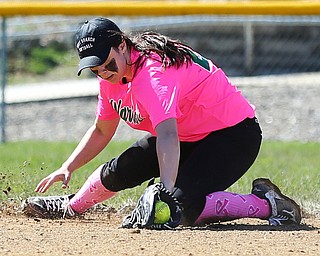 MICHAEL G TAYLOR | THE VINDICATOR- 04-08-17 -  Joanne Kernan Memorial (Irish Strikeout Cancer Softball Tournament) at Candlelite Knolls in Bazetta, OH., Champion Flashes vs West Branch Warriors. 7th inning, West Branch's SS #22 Delaney Rito makes sliding stop and throw for the 3rd out.