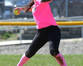 MICHAEL G TAYLOR | THE VINDICATOR- 04-08-17 -  Joanne Kernan Memorial (Irish Strikeout Cancer Softball Tournament) at Candlelite Knolls in Bazetta, OH., Champion Flashes vs West Branch Warriors. 7th inning, West Branch's SS #22 Delaney Rito makes sliding stop and throw for the 3rd out.