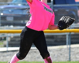 MICHAEL G TAYLOR | THE VINDICATOR- 04-08-17 -  Joanne Kernan Memorial (Irish Strikeout Cancer Softball Tournament) at Candlelite Knolls in Bazetta, OH., Champion Flashes vs West Branch Warriors. 7th inning, West Branch's SS #22 Delaney Rito makes sliding stop and throw for the 3rd out.
