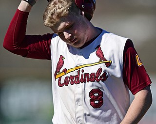 STRUTHERS, OHIO - APRIL 8, 2017: Cardinal Mooney's Bryce Richey (8) shows his frustration after grounding out to end the fifth inning of Saturday afternoons game at Cene Park. St. Ed's won 4-1. DAVID DERMER | THE VINDICATOR