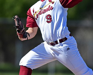 STRUTHERS, OHIO - APRIL 8, 2017: Cardinal Money starting pitcher Brennen Olesh (9) delivers in the third inning of Saturday afternoons game at Cene Park. St. Ed's won 4-1. DAVID DERMER | THE VINDICATOR