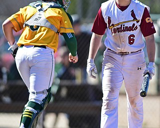STRUTHERS, OHIO - APRIL 8, 2017: Cardinal Mooney's Jake Fonderlin shows his frustration after striking out to end the fourth inning of Saturday afternoons game at Cene Park. St. Ed's won 4-1. DAVID DERMER | THE VINDICATOR