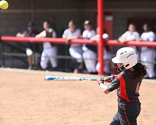 Youngstown State junior outfielder Cali Mikovich(4) swings during the 1st inning as the UIC Flames take on the Youngstown State Penguins, Sunday, April 9, 2017 at the YSU Softball Field. The Flames won 2-1...(Nikos Frazier | The Vindicator)..