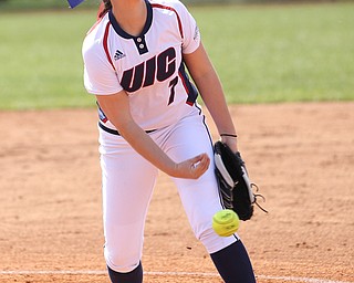 UIC freshman pitcher Allie Trudeau(7) pitches during the 1st inning as the UIC Flames take on the Youngstown State Penguins, Sunday, April 9, 2017 at the YSU Softball Field. The Flames won 2-1...(Nikos Frazier | The Vindicator)..