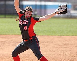 Youngstown State freshman pitcher Maddi Lusk(10) pitches during the 2nd inning as the UIC Flames take on the Youngstown State Penguins, Sunday, April 9, 2017 at the YSU Softball Field. The Flames won 2-1...(Nikos Frazier | The Vindicator)..