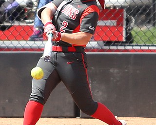 Youngstown State senior infielder Brittney Moffatt(2) swings during the 4th inning as the UIC Flames take on the Youngstown State Penguins, Sunday, April 9, 2017 at the YSU Softball Field. The Flames won 2-1...(Nikos Frazier | The Vindicator)..