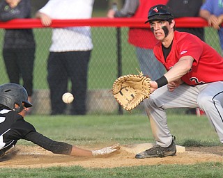 William D. Lewis The Vindicator  Canfield's Spencer Wolley(2) wait for the thrown as WGH's Santino DiCenso(27) divew back to first during 4-10-17 game with WGH at Canfield.