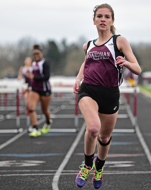 BOARDMAN, OHIO - APRIL 11, 2017: Jessica Knickerbocker of Boardman crosses the finish line after winning her heat of the girls 100 meter hurdles, Tuesday afternoon at Spartan Stadium. DAVID DERMER | THE VINDICATOR