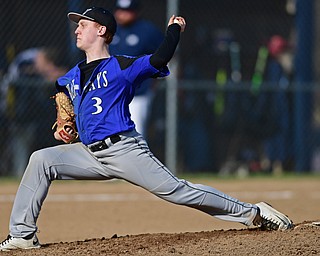 McDONALD, OHIO - APRIL 12, 2017: Jackson Milton starting pitcher Sebastian Lay (3) delivers in the second inning of Wednesday evenings game at Woodland Park. Jackson-Milton won 3-2. DAVID DERMER | THE VINDICATOR