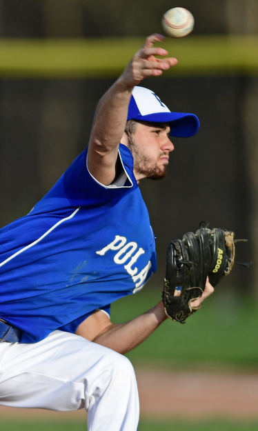 HUBBARD, OHIO - APRIL 13, 2017: Poland starting pitcher Vince Garayua delivers in the fifth inning of Thursday evenings game at Hubbard High School. DAVID DERMER | THE VINDICATOR