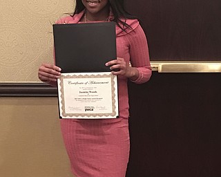 SPECIAL TO THE VINDICATOR
YWCA of Youngstown hosted its 23rd annual Young Women with Bright Futures Award brunch April 1. Jasmine Woods of Campbell Memorial High School was one of 30 other local high school seniors to receive the Bright Futures Award. All the selected seniors attended leadership sessions, and worked together to host a food drive. Woods placed bins in her high school to collect personal-care items and nonperishable food, and collected a total of 6,000 items. Woods was chosen by her high-school guidance counselor and principals to represent Campbell Memorial. She is a member of the cheerleading squad, PANDA, HPAC, HOSA and National Technical Honor Society. She plans to continue working and volunteering with the YWCA next year.