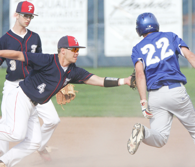 William D Lewis The vindicator  Poland's Braden Olsen(22) is tagged out at 2nd by Fitch's Kole Klasic(4) while attempting to steal 2nd. At left is Fitch's Vinny Direnzo(3) during 4-17-17 game at Fitch.