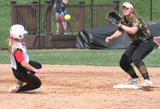 William D Lewis The Vindicator YSU's Brittney Moffatt(2) is out a 2nd as WSU's Becka Peterson(9) waits for the throw during 4-18-17 game at YSU.