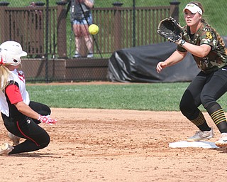 William D Lewis The Vindicator YSU's Brittney Moffatt(2) is out a 2nd as WSU's Becka Peterson(9) waits for the throw during 4-18-17 game at YSU.