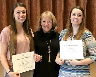 SPECIAL TO THE VINDICATOR
Mary Chesney Chapter of the National Society of Daughters of the American Revolution recently hosted an award luncheon at St. Paul’s Lutheran Church in Warren to present first- and second-place Good Citizen awards to two high-school students. Emily Moyers of Lordstown, left, won first place and is the daughter of Mindy and Jim Moyers. Jennie Wensel, a senior at Hubbard, right, received second. She is the daughter of Lori Roy and Robert Wensel. Bonnie Hood, Good Citizens chairman, center, presented the certificates and monetary awards. Moyers and Wensel were nominated by their schools for dependability, leadership, service and patriotism. Other students recognized as good citizens by their schools and the DAR include Brent Cutlip, Badger; Hailee Elza, Bristol; Kaylin Shackelford, Chalker; Elizabeth Anastasiadis, Harding; Faith Rush, LaBrae; and Juliet McCowin, Victory Christian.