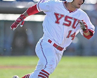 NILES, OHIO - APRIL 18, 2017: Youngstown State's Anthony Rohan (14) runs to first after hitting a single in the third inning of Tuesday evenings game at Eastwood Field. Kent State won 6-3. DAVID DERMER | THE VINDICATOR