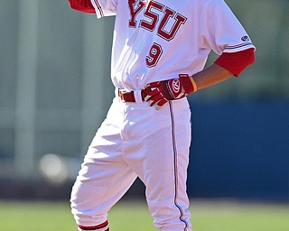 NILES, OHIO - APRIL 18, 2017: Youngstown State's Lorenzo Arcuri (9) celebrates on second base after hitting a RBI double in the third inning of Tuesday evenings game at Eastwood Field. Kent State won 6-3. DAVID DERMER | THE VINDICATOR