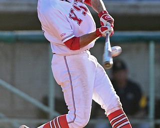 NILES, OHIO - APRIL 18, 2017: Youngstown State's Nico Padivan (32) smacks a two RBI single in the sixth inning of Tuesday evenings game at Eastwood Field. Kent State won 6-3. DAVID DERMER | THE VINDICATOR