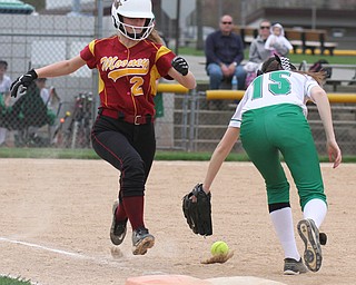 William D. Lewis The Vindicator WB's Ashley Weber(15) misses the throw as Mooney's Gia DiFabio(2)is safe at 1rst during 4-19-17 action at Fields of Dreams.