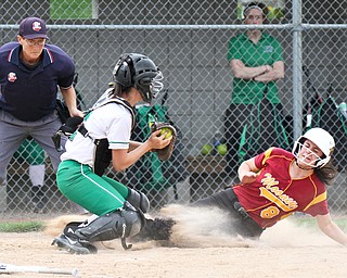 William D. Lewis The Vindicator Mooney's Bridget Sweeney(8) is out at the plate as WB catcher Bailey Byers makes the tag during 4-19-17 action at Fields of Dreams.