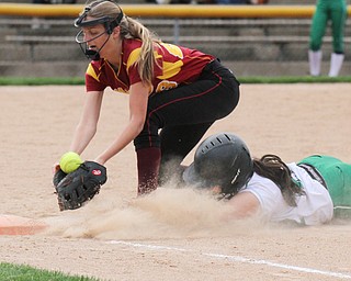 William D. Lewis The Vindicator WB's Delaney Rito(22) gets back to 1 rst safe as Mooney's LAuren Frommelt (23) bobbles the catch during 4-19-17 action at Fields of Dreams.