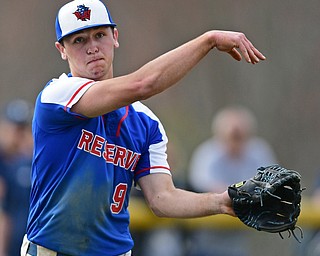 BERLIN CENTER, OHIO - APRIL 19, 2017: Western Reserve starting pitcher Wyatt Larimer (9) throws the ball to first for the out for the out after ground out by McDonald's Dylan Portolese, not pictured, in the second inning of Wednesday evenings game at Western Reserve High School. DAVID DERMER | THE VINDICATOR