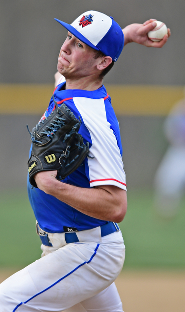 BERLIN CENTER, OHIO - APRIL 19, 2017: Western Reserve starting pitcher Wyatt Larimer (9) delivers in the fourth inning of Wednesday evenings game at Western Reserve High School. DAVID DERMER | THE VINDICATOR