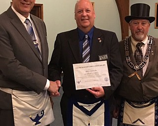 SPECIAL TO THE VINDICATOR
Denny Furman, member of Argus Lodge in Canfield, recently received the Grand Master’s Education Award from the Grand Lodge of Ohio for the fifth-consecutive year. The award recognizes education programs and practices available for lodge members. Furman lives in Berlin Center with his wife Mary Jo, and owns and operates Denny’s Auto Supply. From left, are Terry Whitford, district education officer; Furman; and Chuck Prachick.