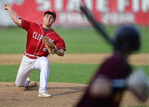 COLUMBIANA, OHIO - APRIL 20, 2017: Columbiana starting pitcher Mitch Davidson, left, delivers to Anthony Ritter (9) in the fifth inning of Thursday evenings game at Firestone Park. Columbiana won 4-2. DAVID DERMER | THE VINDICATOR