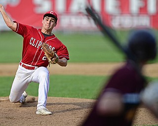 COLUMBIANA, OHIO - APRIL 20, 2017: Columbiana starting pitcher Mitch Davidson, left, delivers to Anthony Ritter (9) in the fifth inning of Thursday evenings game at Firestone Park. Columbiana won 4-2. DAVID DERMER | THE VINDICATOR