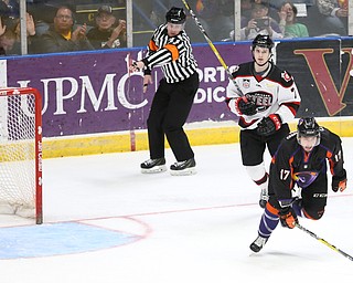 Youngstown Phantoms left wing Pierce Crawford (17) skates away after a goal during the 1st period as the Chicago Steel takes on the Youngstown Phantoms in the USHL Eastern Conference Semifinals, Friday, April 21, 2017 at The Covelli Centre...(Nikos Frazier | The Vindicator)..