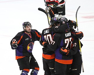 The Phantoms celebrate after a goal by Youngstown Phantoms left wing Pierce Crawford (17) during the 1st period as the Chicago Steel takes on the Youngstown Phantoms in the USHL Eastern Conference Semifinals, Friday, April 21, 2017 at The Covelli Centre...(Nikos Frazier | The Vindicator)..