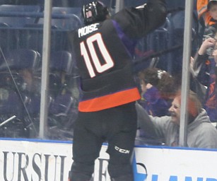 Youngstown Phantoms right wing Marshall Moise (10) celebrates a goal during the 2nd period as the Chicago Steel takes on the Youngstown Phantoms in the USHL Eastern Conference Semifinals, Friday, April 21, 2017 at The Covelli Centre...(Nikos Frazier | The Vindicator)..