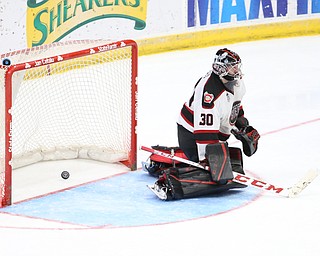 Chicago Steel goalie Ales Stezka (30) after a goal by Youngstown Phantoms left wing Tommy Apap (21) during the 2nd period as the Chicago Steel takes on the Youngstown Phantoms in the USHL Eastern Conference Semifinals, Friday, April 21, 2017 at The Covelli Centre...(Nikos Frazier | The Vindicator)..