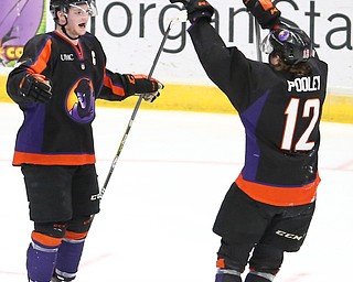 Youngstown Phantoms forward Austin Pooley (12) congradulates Youngstown Phantoms left wing Tommy Apap (21) after Apap scored a goal during the 2nd period as the Chicago Steel takes on the Youngstown Phantoms in the USHL Eastern Conference Semifinals, Friday, April 21, 2017 at The Covelli Centre...(Nikos Frazier | The Vindicator)..