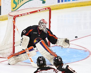 Youngstown Phantoms goalie Ivan Kulbakov (31) reaches out to block a shot during the 3rd period as the Chicago Steel takes on the Youngstown Phantoms in the USHL Eastern Conference Semifinals, Friday, April 21, 2017 at The Covelli Centre...(Nikos Frazier | The Vindicator)..