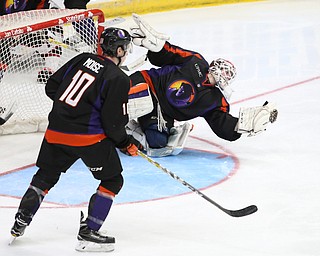 Youngstown Phantoms goalie Ivan Kulbakov (31) reaches out to block a shot during the 3rd period as the Chicago Steel takes on the Youngstown Phantoms in the USHL Eastern Conference Semifinals, Friday, April 21, 2017 at The Covelli Centre...(Nikos Frazier | The Vindicator)..