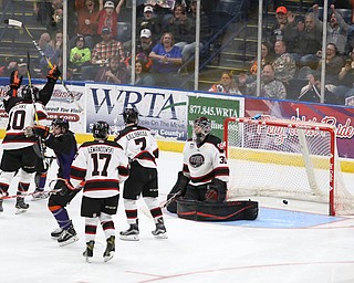 Chicago Steel goalie Ales Stezka (30) stands in disbelief after Youngstown Phantoms defenseman Brandon Estes (22) scores with the assist by Youngstown Phantoms forward Austin Pooley (12) during the 3rd period as the Chicago Steel takes on the Youngstown Phantoms in the USHL Eastern Conference Semifinals, Friday, April 21, 2017 at The Covelli Centre...(Nikos Frazier | The Vindicator)..