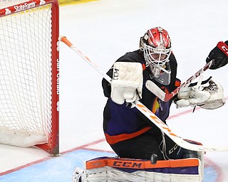 Youngstown Phantoms goalie Ivan Kulbakov (31) blocks a shot during the 3rd period as the Chicago Steel takes on the Youngstown Phantoms in the USHL Eastern Conference Semifinals, Friday, April 21, 2017 at The Covelli Centre...(Nikos Frazier | The Vindicator)..