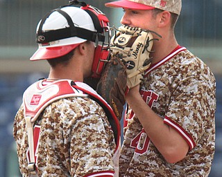 William D Lewis The Vindicator  YSU pitcher Zack Minney(40) and catcher Lou Cardona(4) have a meeting at the mound during 4-21-17 game with UIC at Eastwood.