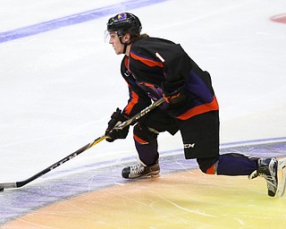 Youngstown Phantoms defenseman Alec Mahalak (11) looks towards the goal during the 1st period as the Chicago Steel takes on the Youngstown Phantoms in Game 4 of the USHL Eastern Conference Semifinals, Saturday, April 22, 2017 at The Covelli Centre in Youngstown...(Nikos Frazier | The Vindicator)..