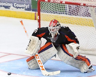 Youngstown Phantoms goalie Ivan Kulbakov (31) gets down to deflect the puck during the 2nd period as the Chicago Steel takes on the Youngstown Phantoms in Game 4 of the USHL Eastern Conference Semifinals, Saturday, April 22, 2017 at The Covelli Centre in Youngstown...(Nikos Frazier | The Vindicator)..