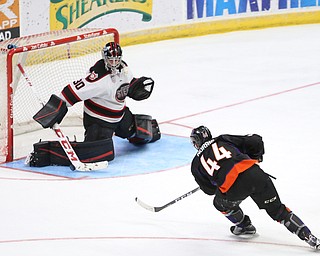 Youngstown Phantoms left wing Coale Norris (44)'s shot is blocked by Chicago Steel goalie Ales Stezka (30) during the 2nd period as the Chicago Steel takes on the Youngstown Phantoms in Game 4 of the USHL Eastern Conference Semifinals, Saturday, April 22, 2017 at The Covelli Centre in Youngstown...(Nikos Frazier | The Vindicator)..